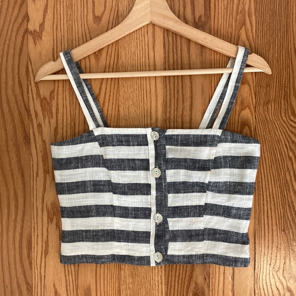 100% Linen striped white and blue coloured cami button front crop top XS